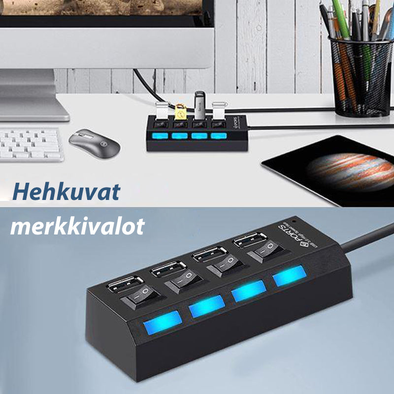 Stilfuld sort USB-hub med 7 porte, højhastighed, individuelt oplyste kontakter, moderne og effektiv.