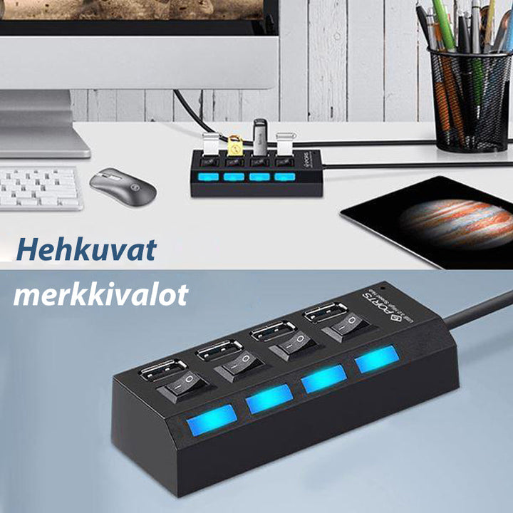 Stilfuld sort USB-hub med 7 porte, højhastighed, individuelt oplyste kontakter, moderne og effektiv.