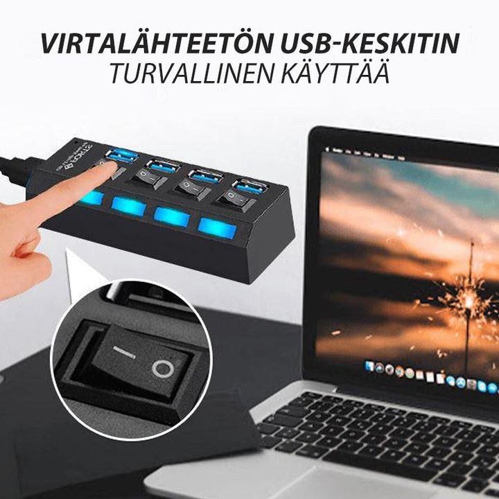 Stilfuld sort USB-hub med 7 porte, højhastighed, individuelt oplyste kontakter, moderne og effektiv.