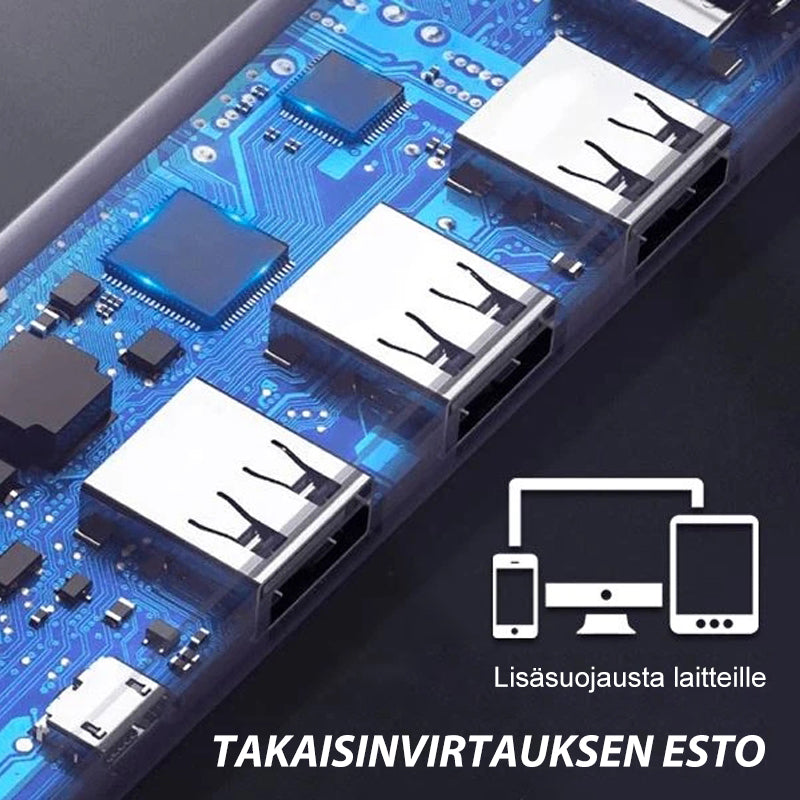 Stilfuld sort USB-hub med 7 porte, højhastighed, individuelt oplyste kontakter, moderne og effektiv.