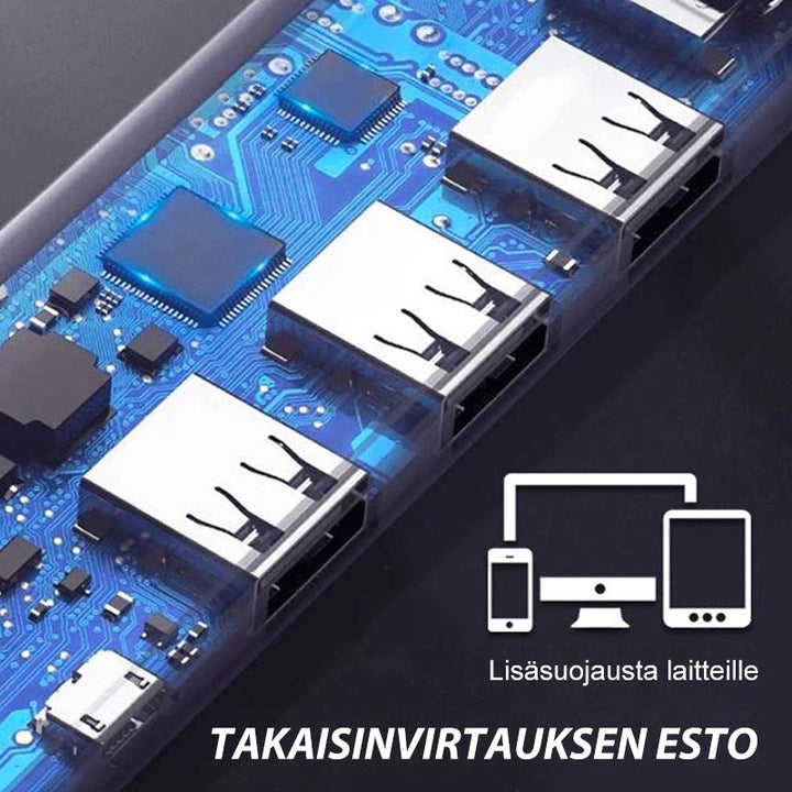 Stilfuld sort USB-hub med 7 porte, højhastighed, individuelt oplyste kontakter, moderne og effektiv.