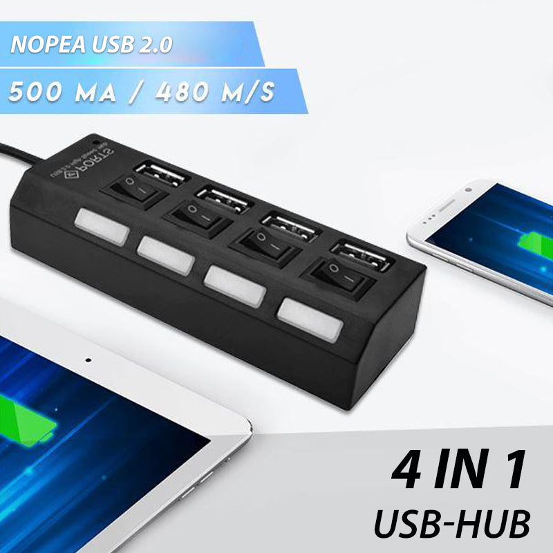 Stilfuld sort USB-hub med 7 porte, højhastighed, individuelt oplyste kontakter, moderne og effektiv.
