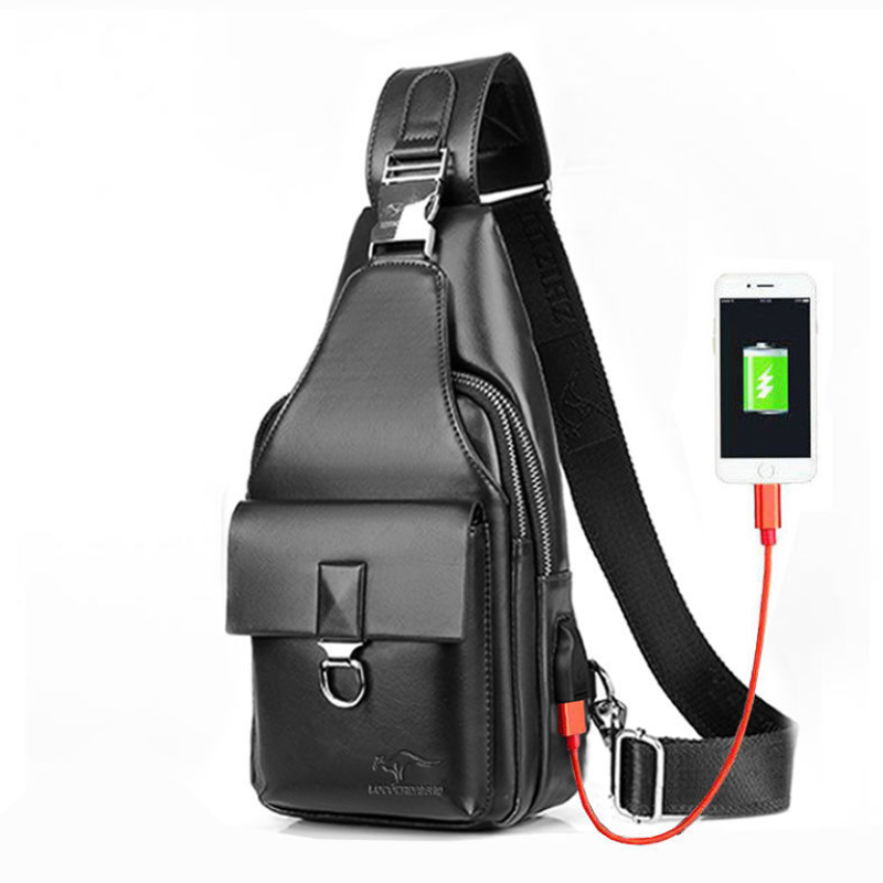 Stilfuld sort/brun PU brysttaske til mænd med USB-opladningsport, holdbart design til hverdag og fritid.