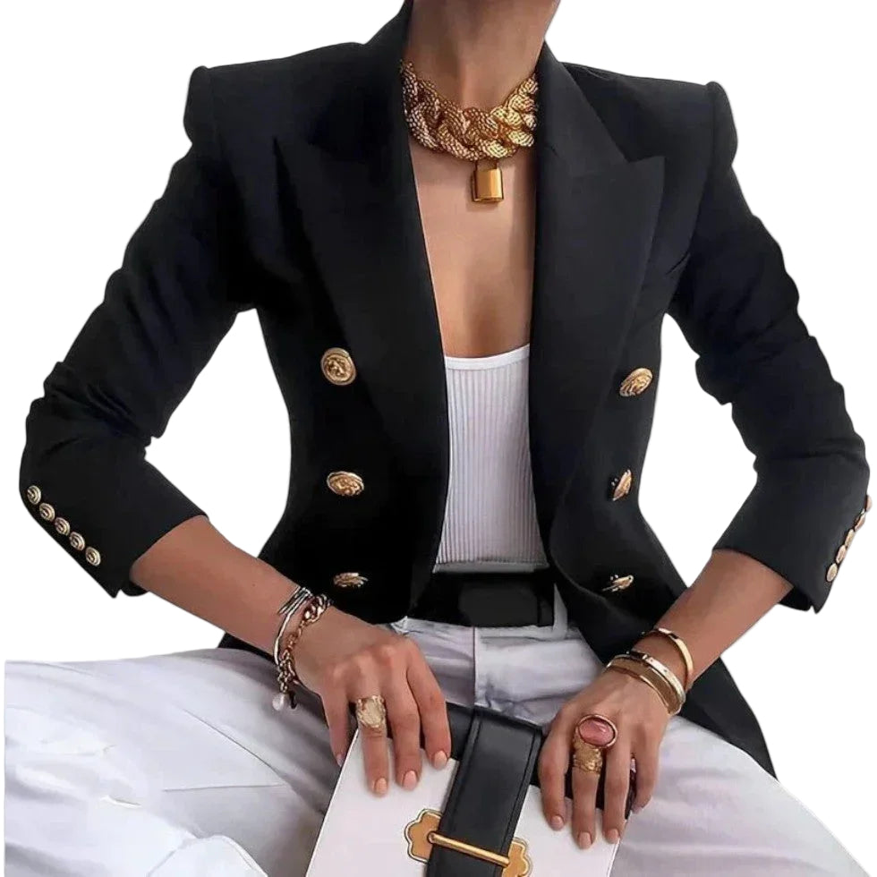 Elegant dame dobbeltspændt blazer med guldfarvede knapper, skræddersyet pasform og strukturerede skuldre.