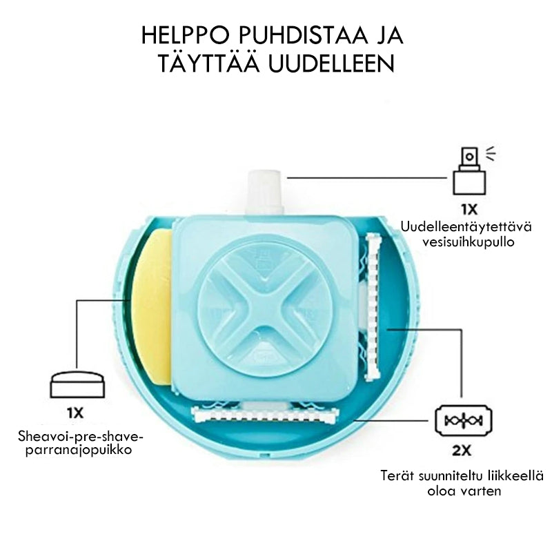 Elegant dame 3-i-1 bærbar epilator med bruser, skum og barbermaskine i kompakt design.