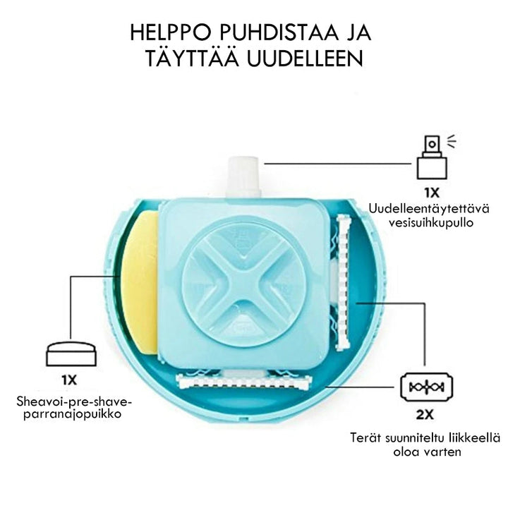 Elegant dame 3-i-1 bærbar epilator med bruser, skum og barbermaskine i kompakt design.