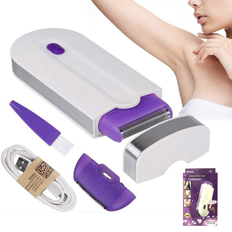 Stilfuld kvinders bærbare mikrovibrations-epilator med gylden krop og hvide detaljer.