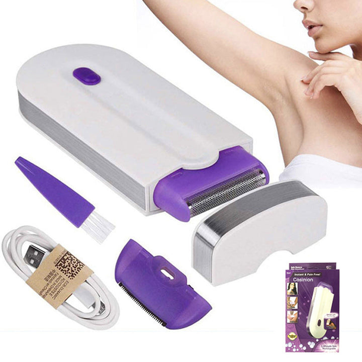 Stilfuld kvinders bærbare mikrovibrations-epilator med gylden krop og hvide detaljer.