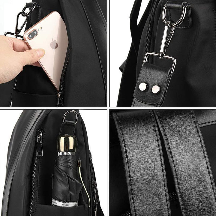 Stilvoller Damen-Rucksack, wasserdicht, diebstahlsicher, aus schwarzem Nylon/PU, mit mehreren Taschen und verstellbaren Trägern.