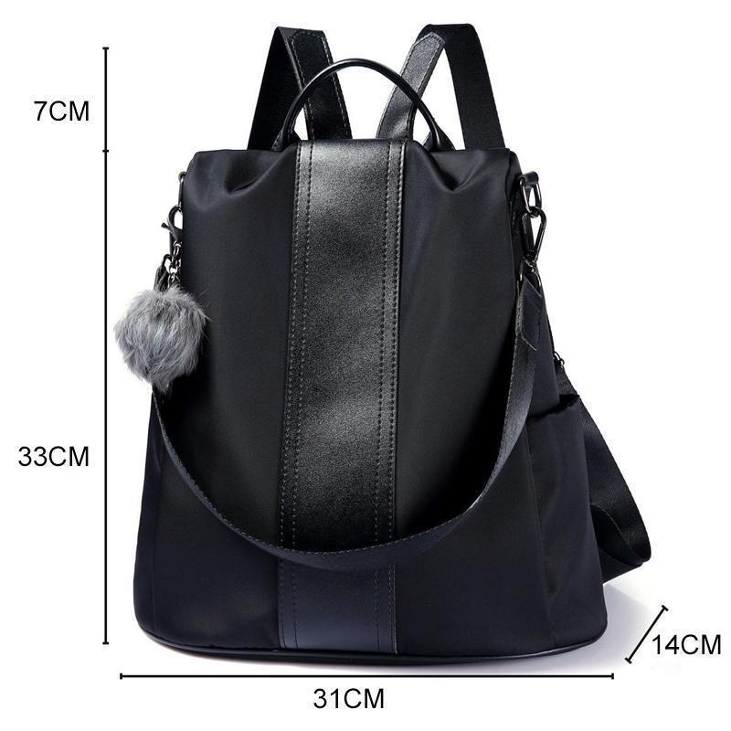 Stilvoller Damen-Rucksack, wasserdicht, diebstahlsicher, aus schwarzem Nylon/PU, mit mehreren Taschen und verstellbaren Trägern.