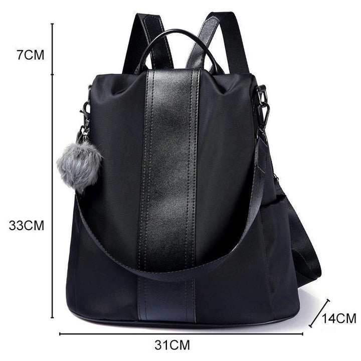 Stilvoller Damen-Rucksack, wasserdicht, diebstahlsicher, aus schwarzem Nylon/PU, mit mehreren Taschen und verstellbaren Trägern.