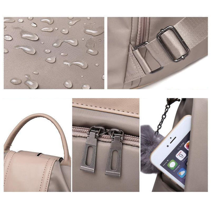 Stilvoller Damen-Rucksack, wasserdicht, diebstahlsicher, aus schwarzem Nylon/PU, mit mehreren Taschen und verstellbaren Trägern.