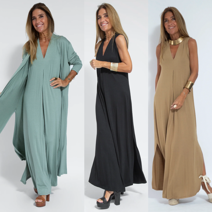 Stilfuld lang sommerkjole med vest, let og åndbar elegant snit, fås i flere farver.