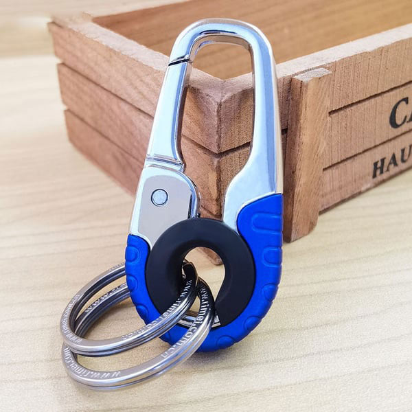 Mænds stilfuld nøglering i rustfrit stål, klar orange og blå, holdbart dobbeltring design