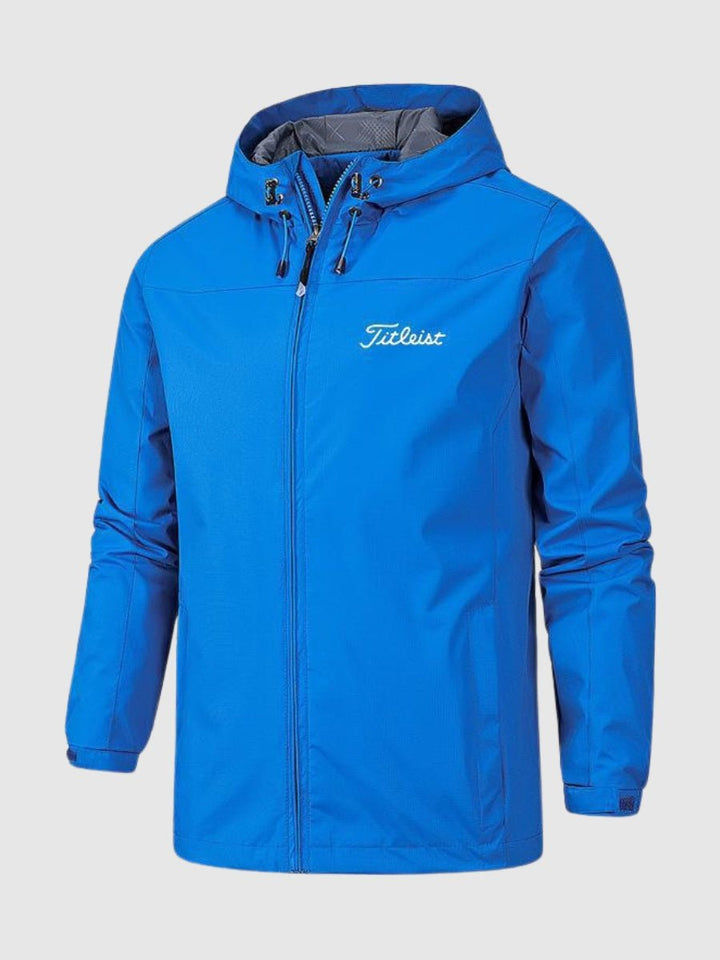 Stilfuld unisex-regnjakke forfra, åndbar og vandtæt, tidløst design, lang lige pasform, moderne regnbeskyttelse.