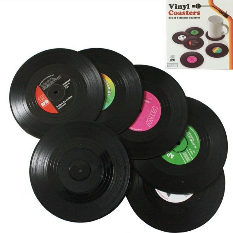 Stilfulde vinylplade glasunderlag, der bringer vintage-stil, 10,5 cm diameter, ABS og silikone, beskytter og dekorerer.