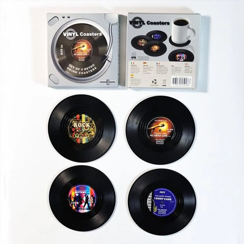 Stilfulde vinylplade glasunderlag, der bringer vintage-stil, 10,5 cm diameter, ABS og silikone, beskytter og dekorerer.