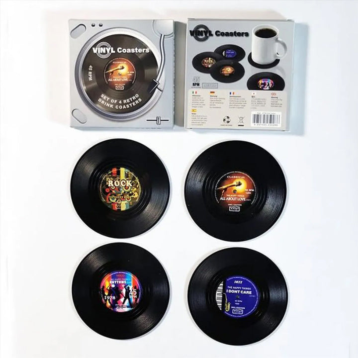 Stilfulde vinylplade glasunderlag, der bringer vintage-stil, 10,5 cm diameter, ABS og silikone, beskytter og dekorerer.