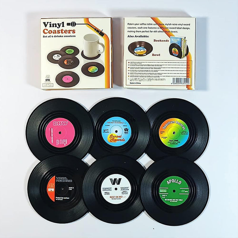Stilfulde vinylplade glasunderlag, der bringer vintage-stil, 10,5 cm diameter, ABS og silikone, beskytter og dekorerer.