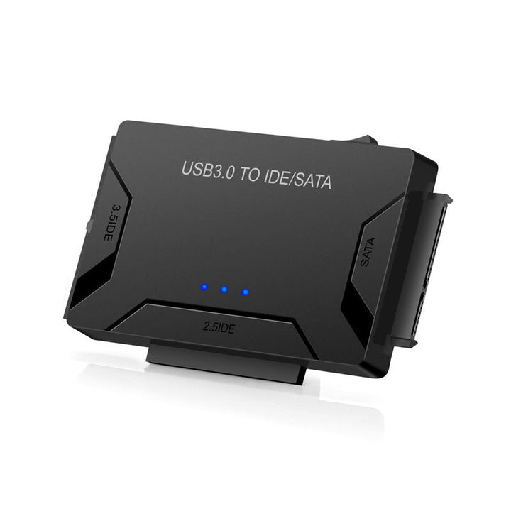 USB 3.0 IDE & SATA konverter til harddisk, tilsluttet med kabel, muliggør effektiv dataoverførsel til computer.