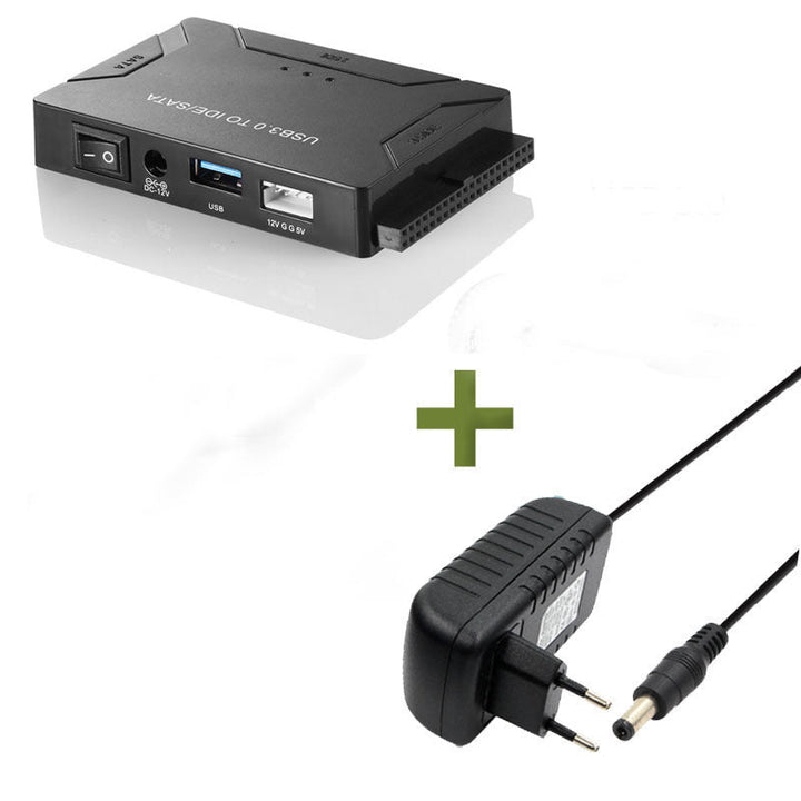 USB 3.0 IDE & SATA konverter til harddisk, tilsluttet med kabel, muliggør effektiv dataoverførsel til computer.