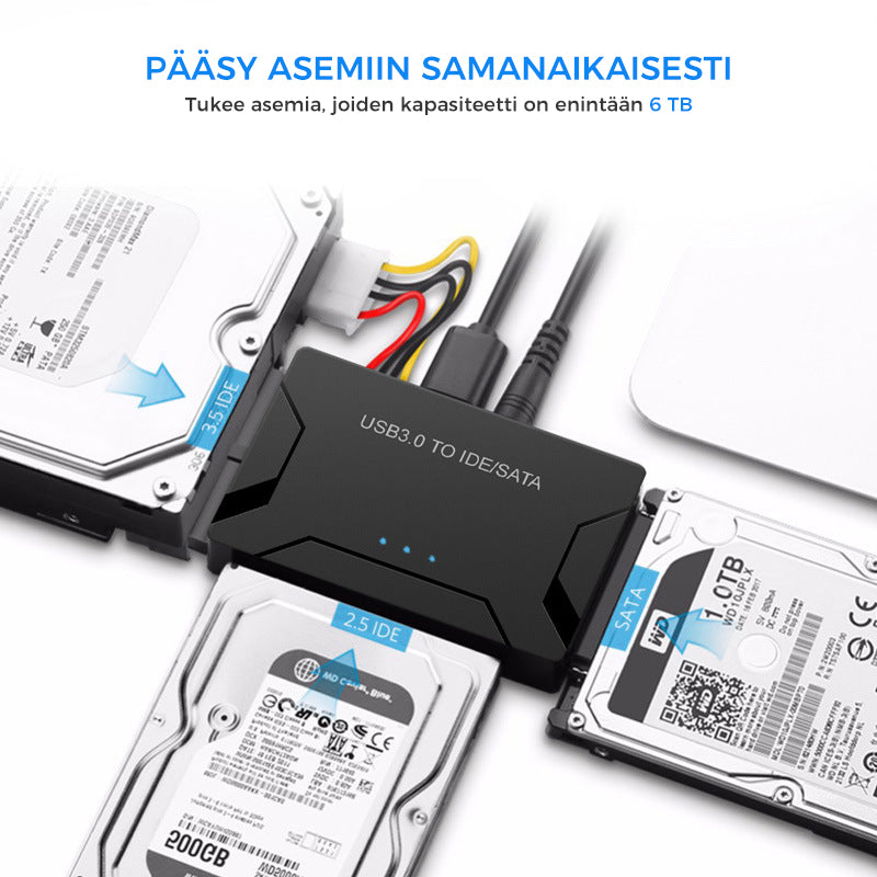 USB 3.0 IDE & SATA konverter til harddisk, tilsluttet med kabel, muliggør effektiv dataoverførsel til computer.