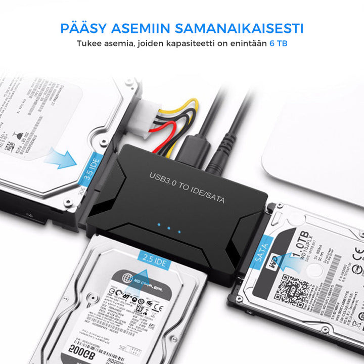 USB 3.0 IDE & SATA konverter til harddisk, tilsluttet med kabel, muliggør effektiv dataoverførsel til computer.