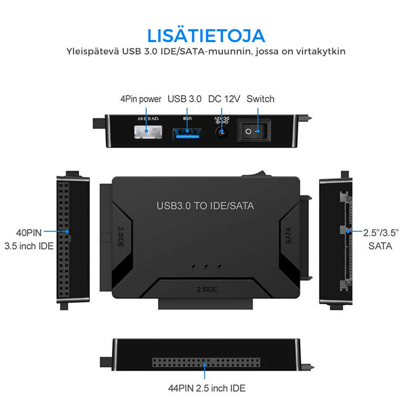 USB 3.0 IDE & SATA konverter til harddisk, tilsluttet med kabel, muliggør effektiv dataoverførsel til computer.