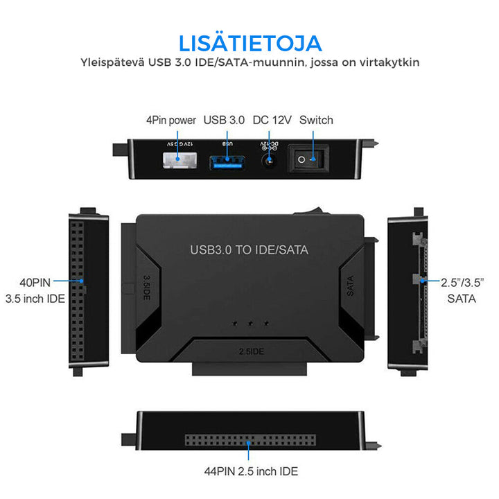 USB 3.0 IDE & SATA konverter til harddisk, tilsluttet med kabel, muliggør effektiv dataoverførsel til computer.