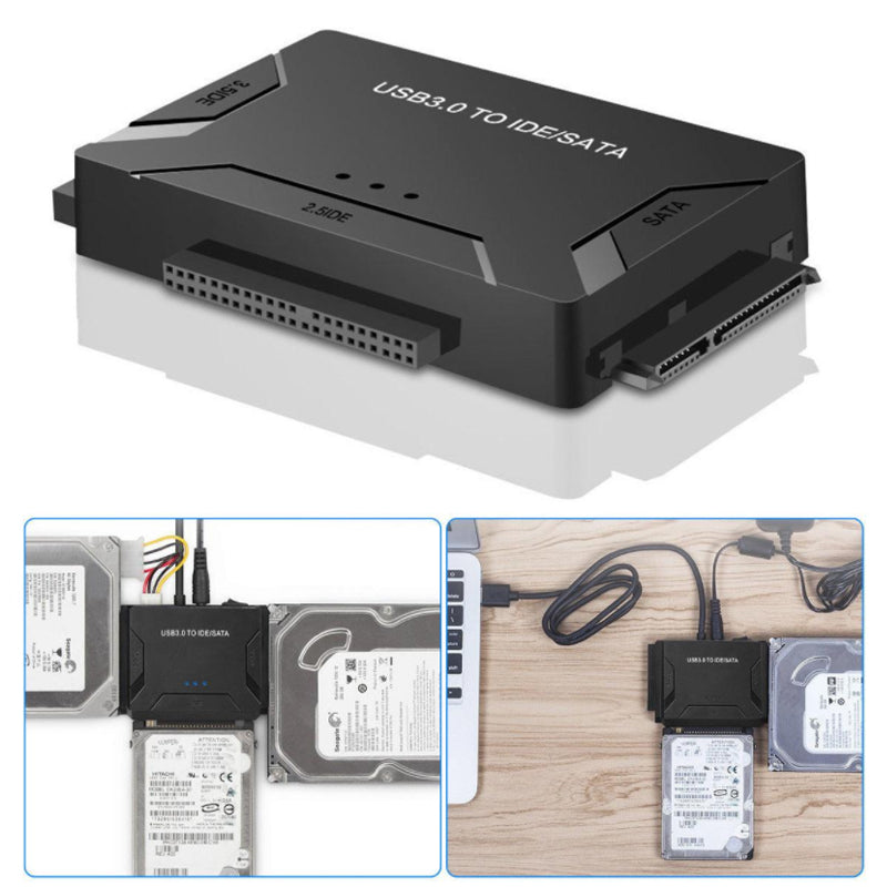 USB 3.0 IDE & SATA konverter til harddisk, tilsluttet med kabel, muliggør effektiv dataoverførsel til computer.