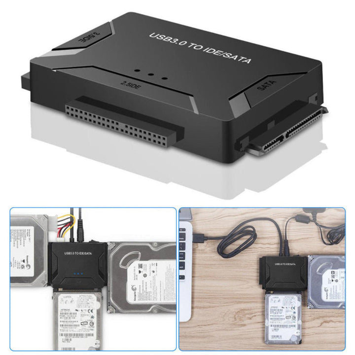 USB 3.0 IDE & SATA konverter til harddisk, tilsluttet med kabel, muliggør effektiv dataoverførsel til computer.