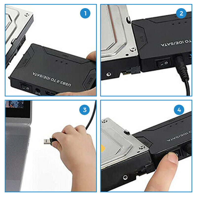 USB 3.0 IDE & SATA konverter til harddisk, tilsluttet med kabel, muliggør effektiv dataoverførsel til computer.
