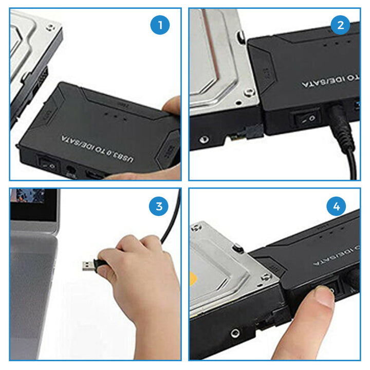 USB 3.0 IDE & SATA konverter til harddisk, tilsluttet med kabel, muliggør effektiv dataoverførsel til computer.