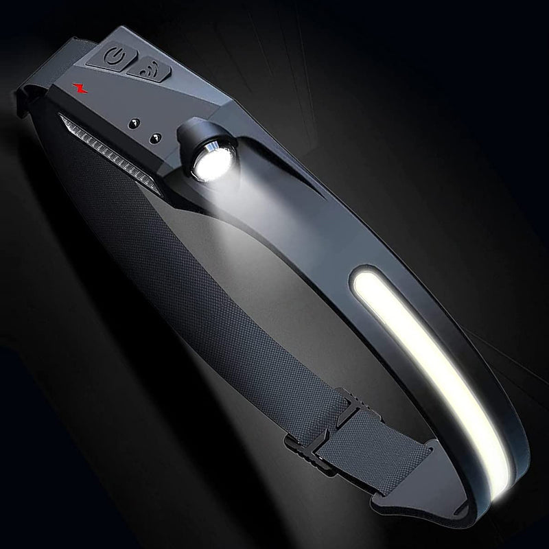 USB-genopladelig letvægts LED-pandelygte med 4 tilstande, vist forfra og fra siden, kompakt, ideel til camping.