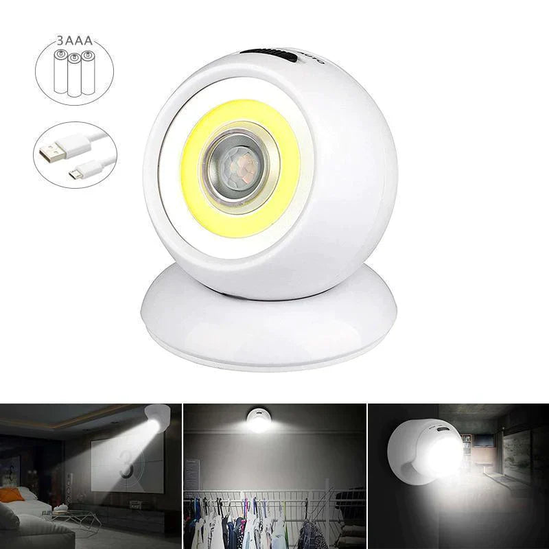 Genopladelig LED-sensorlampe til hjemmet, justerbart 360° hoved, hvidt design, praktisk vægmontering.