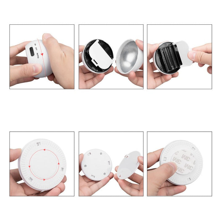 Genopladelig LED-sensorlampe til hjemmet, justerbart 360° hoved, hvidt design, praktisk vægmontering.