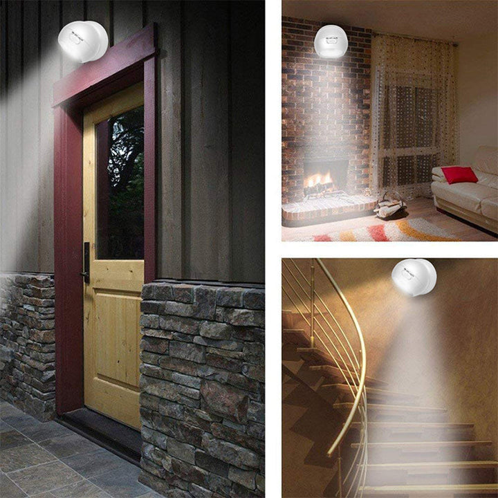 Genopladelig LED-sensorlampe til hjemmet, justerbart 360° hoved, hvidt design, praktisk vægmontering.