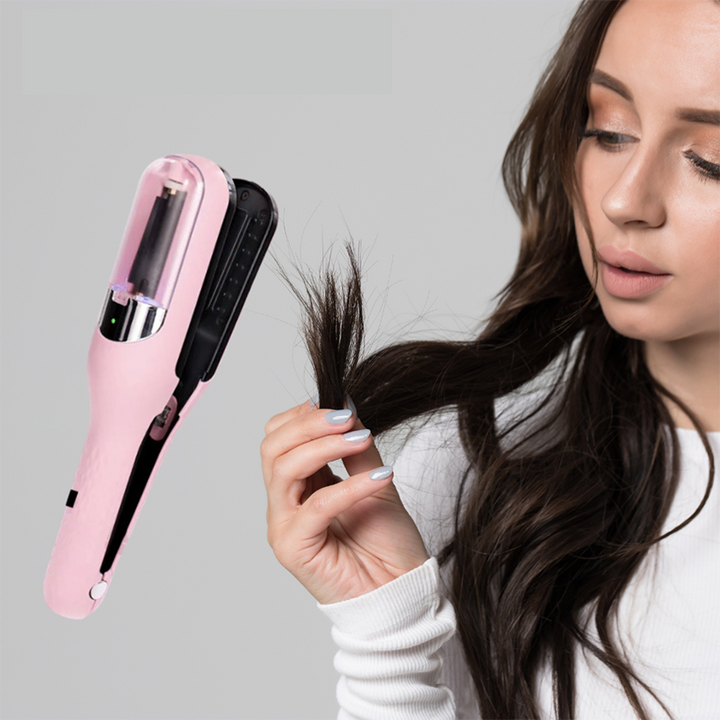 USB-opladelig dame hårtrimmer til spaltede spidser, sølvfarvet, kompakt design, let og bærbar.
