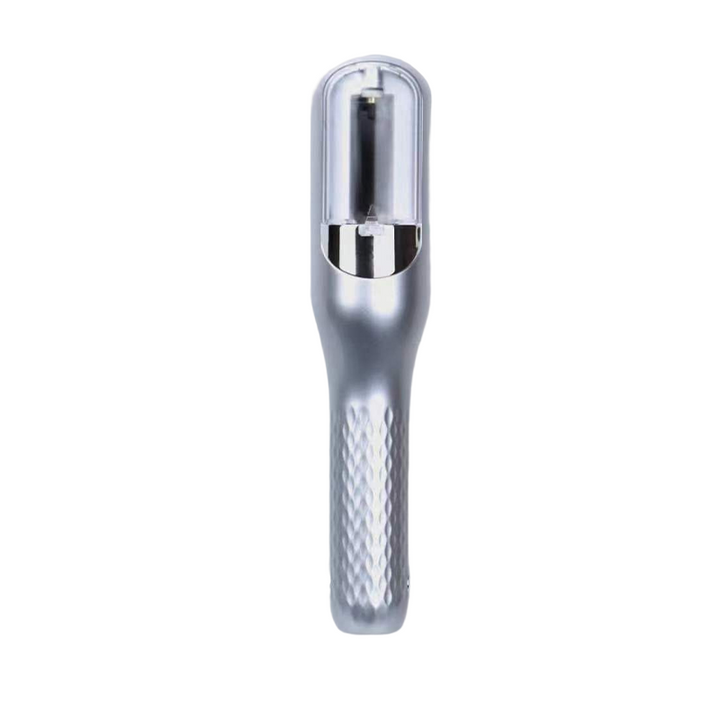 USB-opladelig dame hårtrimmer til spaltede spidser, sølvfarvet, kompakt design, let og bærbar.