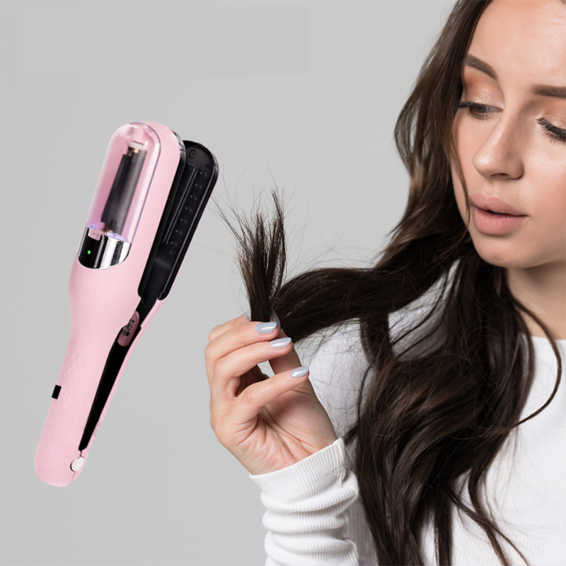 USB-opladelig dame hårtrimmer til spaltede spidser, sølvfarvet, kompakt design, let og bærbar.