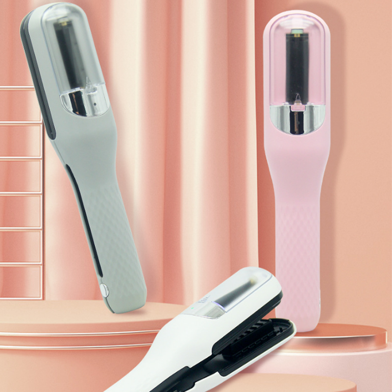 USB-opladelig dame hårtrimmer til spaltede spidser, sølvfarvet, kompakt design, let og bærbar.