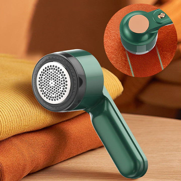 "USB-ladattava vihreä sähköinen nukkaerotin, kompakti muotoilu, poistaa vaatteista nukat ja karvat tehokkaasti."