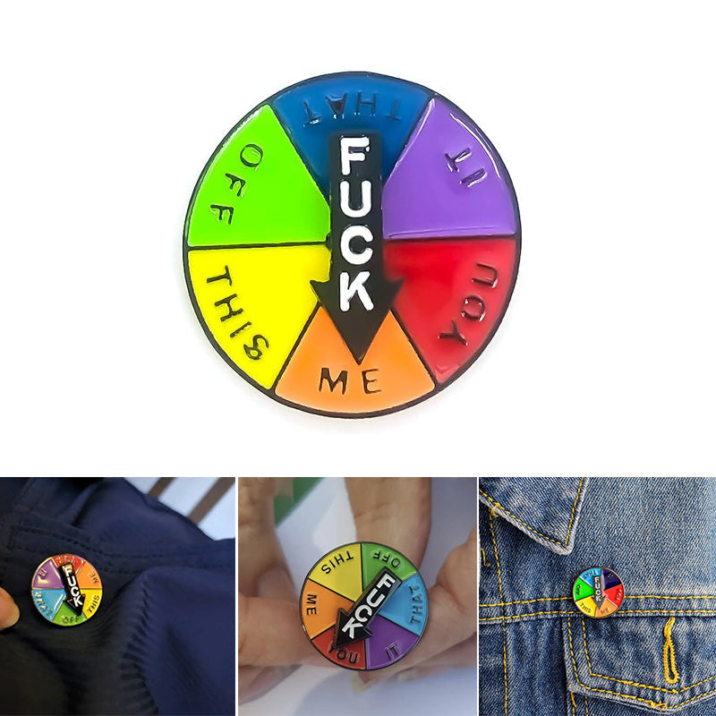 Unik emalje-broche med syv udtryk, lyse farver, lille størrelse, perfekt som tøjtilbehør til jakke eller taske.