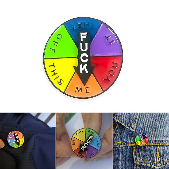Unik emalje-broche med syv udtryk, lyse farver, lille størrelse, perfekt som tøjtilbehør til jakke eller taske.