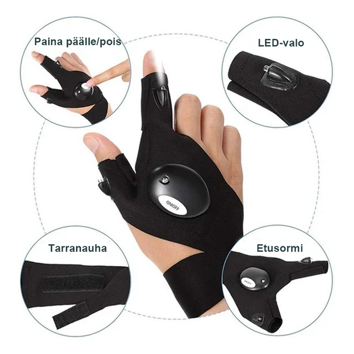 Unisex LED-handsker til fiskeri og reparation, fleksibelt neopren, lys på fingerspidserne, hænder fri i mørket.