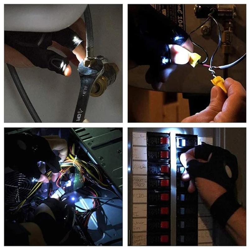 Unisex LED-handsker til fiskeri og reparation, fleksibelt neopren, lys på fingerspidserne, hænder fri i mørket.