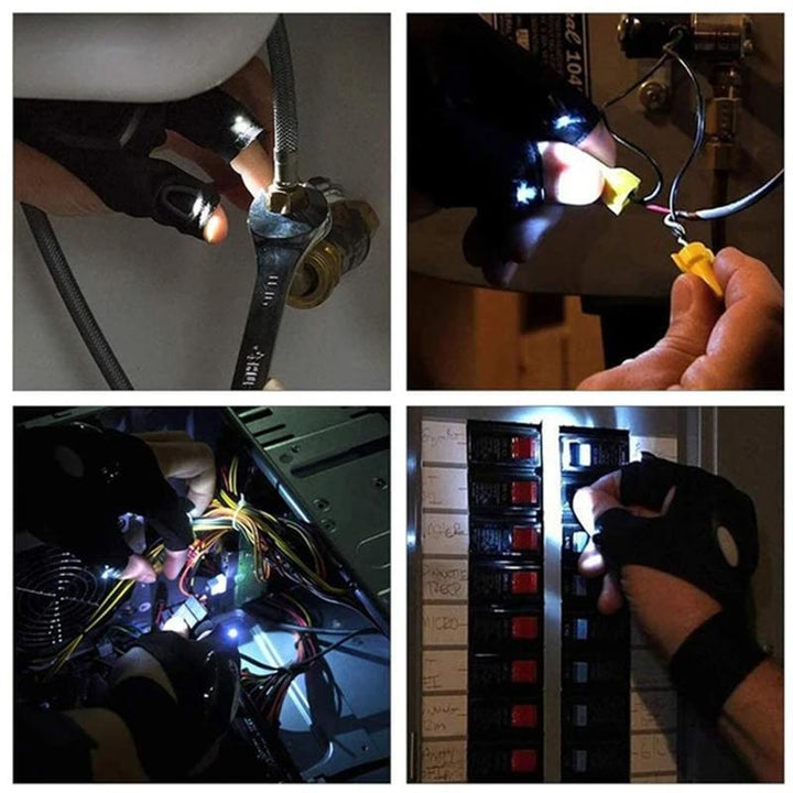Unisex LED-handsker til fiskeri og reparation, fleksibelt neopren, lys på fingerspidserne, hænder fri i mørket.