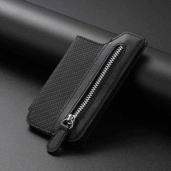 Unisex PU læder mobilpung etui, stilfuldt sort design, plads til seks kort, praktisk og holdbart valg.