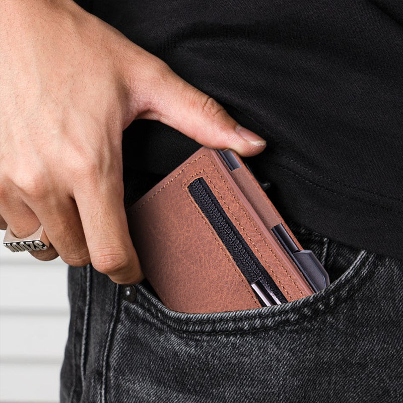 Unisex PU Læder Pop-Up Kortholder i gul, slank og elegant, RFID-beskyttet, til daglig brug.