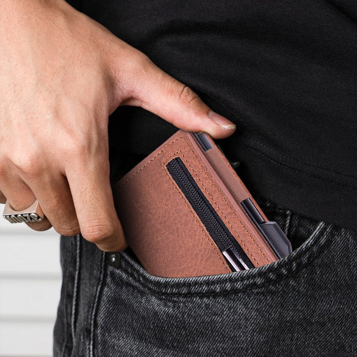 Unisex PU Læder Pop-Up Kortholder i gul, slank og elegant, RFID-beskyttet, til daglig brug.